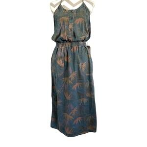 New Prana Denim‎ Lightweight Racerback Midi Dress Blue Leaf Print Womens Small